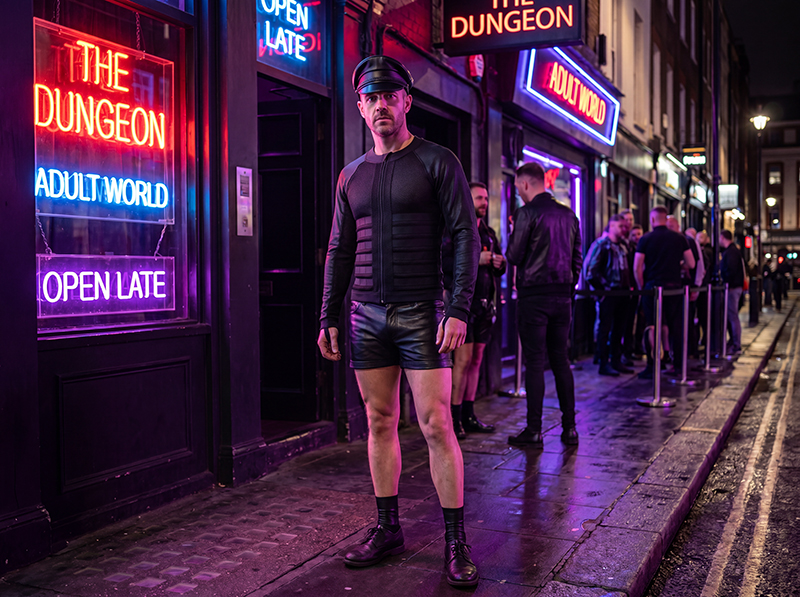 Guy wearing motorcycle jacket in Soho